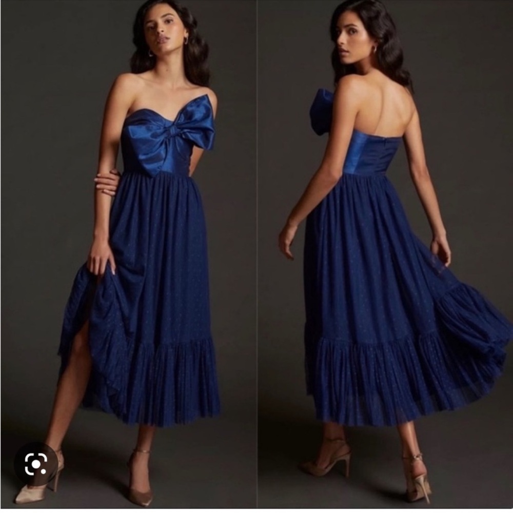 NWT Hutch Tulle Blue Bow Strapless Tiered Wedding Guest Cocktail Midi Dress 6